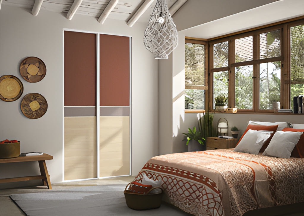 Chambre chaleureuse avec dressing coulissant et décoration naturelle – Harmonie de couleurs terracotta et beige.